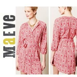 ANTHROPOLOGIE MAEVE MINI DRESS HOT PINK WHITE SZ M STRAP BELT SOPHISTICATED